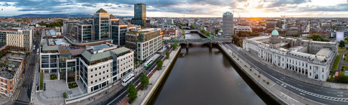 Aerial view of Dublin and river Liffey in summer, Ireland - All brands and logos removed