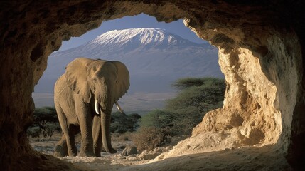 Adult African elephant standing in natural cave opening with snow capped mountain in distance