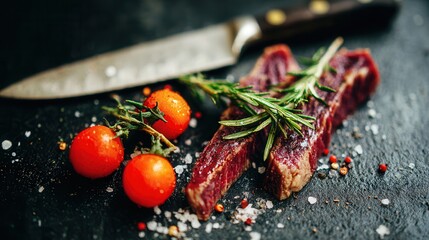 Raw steak with rosemary cherry tomatoes on dark surface