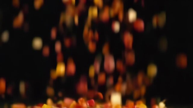 Colorful choco chip candies falling isolated on black background