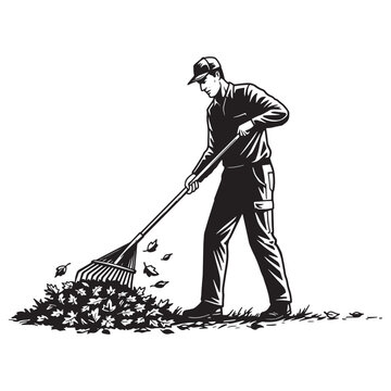 man raking leaves monochrome clip art preview