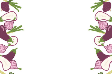 Colorful vegetable border with eggplants and onions on white background.