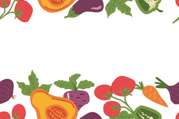 Colorful vegetables frame with tomatoes, carrots, and peppers on black background.