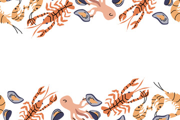 Colorful seafood border with lobsters, shrimps, mussels, and squids on white background.