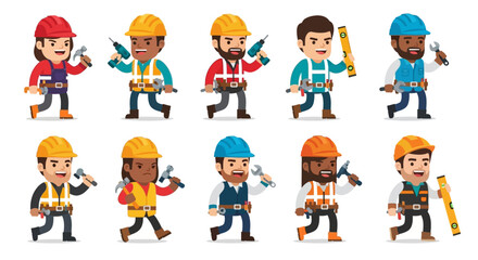 Cartoon illustration of diverse construction workers in various poses, each holding tools.