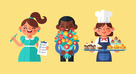 Three cheerful cartoon characters: a planner, a flower-giver, and a pastry chef.