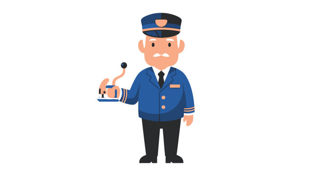 An elderly train conductor in uniform holding a microphone, standing against a white background.