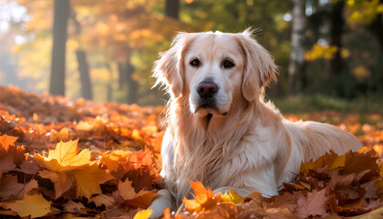 Bathed in gentle sunlight, a golden retriever rests comfortably in a bed of colorful autumn leaves.