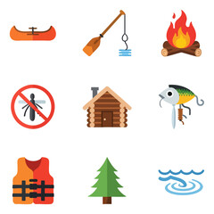 Outdoor Adventure Camping Fishing Nature Activity Icons Set