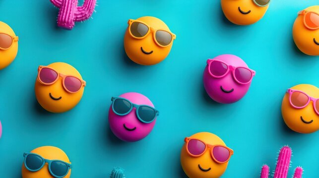 Colorful smiley face balls with sunglasses and small decorative cacti on a bright blue background.