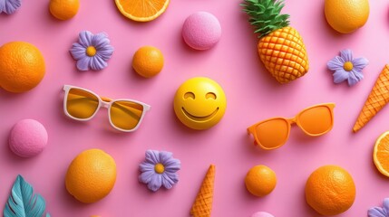 A vibrant flat lay with oranges, sunglasses, flowers, ice cream cones, and a smiley face emoji on a pink background.