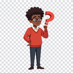 Young boy holding a question mark, pondering a thought