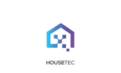 Minimal house logo with network connection elements. Smart home technology logo , Digital home logo