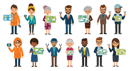Naklejka premium Diverse people holding weather maps, representing various ages and professions, showcasing different weather forecasts.