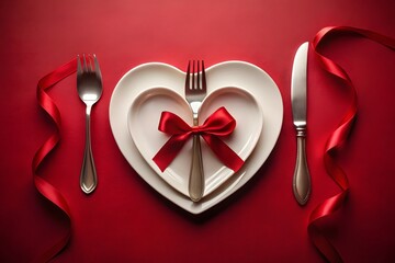 A romantic valentines day dinner setting features heartshaped plates adorned with a red ribbon and bow accompanied by