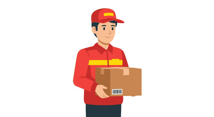 A cartoon delivery person in red uniform holding a cardboard box.