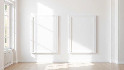 Two blank white frames on a white wall, bathed in soft natural light  Bright, minimalist interior,   photo mockup,  clean