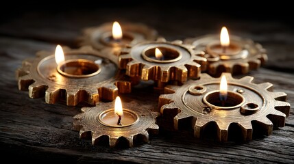 Burning candles in intricate gear-shaped candle holders.