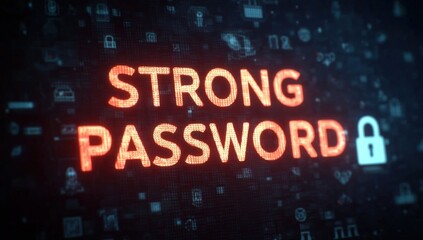 Digital display showing "STRONG PASSWORD" in bright text with a padlock symbol, emphasizing cybersecurity and data protection.