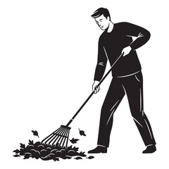 Vector illustration of a man raking fallen leaves in a black and white silhouette