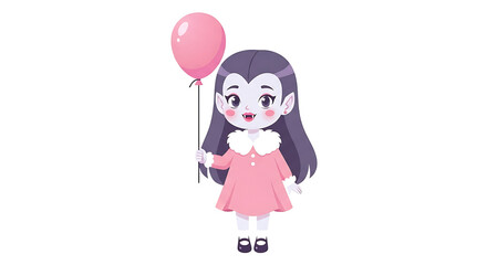 Cute Cartoon Girl Holding Pink Balloon Wearing Pink Dress with White Collar on Transparent Background