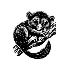Obraz premium Black and white illustration of a tarsier clinging to a branch