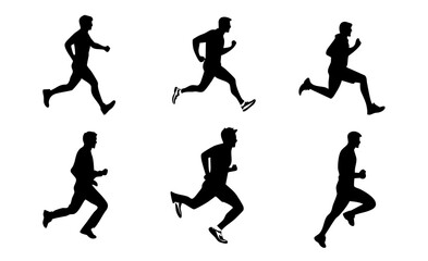 Silhouettes of Multiple Runners in Various Poses Showcasing Motion and Athleticism Against a White Background