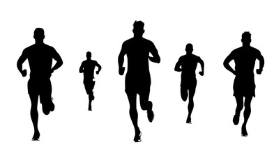 Group of Male Runners in Silhouettes Engaged in Competitive Running Against a White Background
