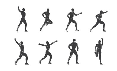 Dynamic Silhouettes of Male Athletes Executing Various Running and Jumping Poses in Strong Action Motions
