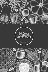 Hand Drawn Vector Autumn Illustration. Not AI Generated. Thanksgiving Chalk Board Background. Fall Season Cozy Mood Banner. Vintage Design Template.