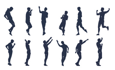 Silhouettes of Dynamic Human Figures Expressing Various Movements and Energetic Poses on a White Background