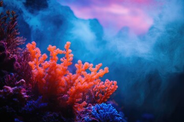 Fototapeta premium Vibrant orange coral thrives in a misty underwater scene, showcasing diverse marine life against a blurred, colorful backdrop.