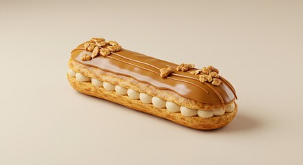 Delicious Caramel Eclair with Walnuts on Beige Background