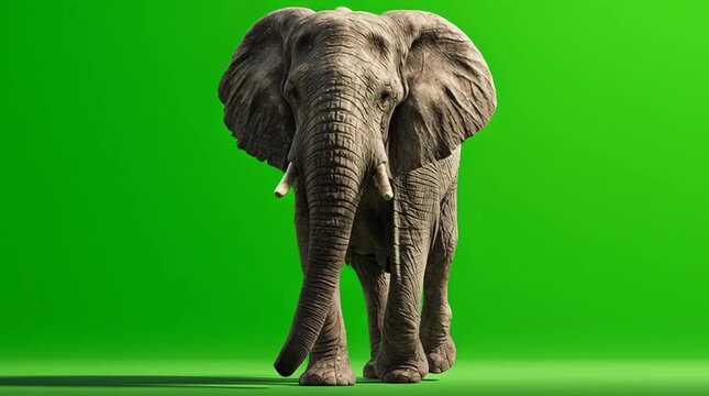 Large African elephant walking on the ground in front of green screen. Seamless loop animation for animals, nature and educational backgrounds.