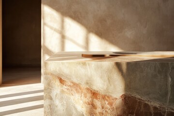 A sunlit onyx marble slab with a metallic accent piece rests in a minimalist room.