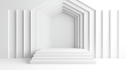 Minimalist white architectural structure with layered, arch-shaped frames and steps leading to a doorway, creating a modern and geometric visual effect.