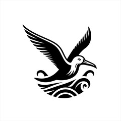 Obraz premium Stylized black and white seagull flying over waves logo