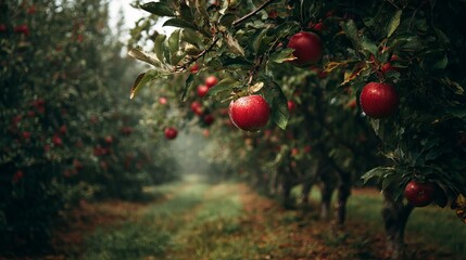 In this serene apple orchard, a single bright red apple hangs low to the ground among lush greenery. The scene captures the calmness of nature, perfect for reflecting during National Siblings Day.
