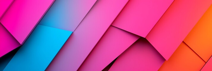 Abstract geometric pattern with layered rectangles in vibrant pink, blue, purple, and orange gradient hues.
