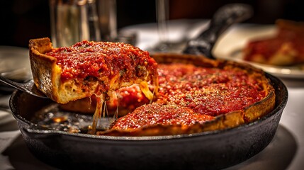 Authentic Chicago deep dish pizza oozing with cheese and chunky tomato sauce served hot on a cast iron pan