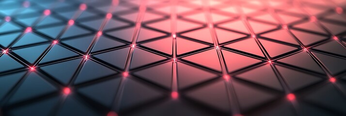 Fototapeta premium Close-up of a futuristic polygonal grid with glowing red nodes on black metallic triangular panels, creating a high-tech, digital network effect.
