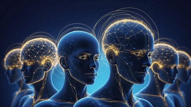 Illustration of AI generated humans with futuristic design showcasing digital diversity and synthetic personalities in a surreal technological environment