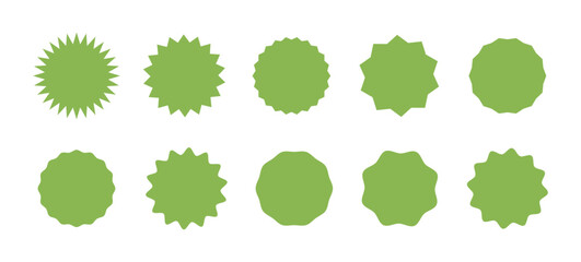 Circle sticker. Star burst shape tags for price set. Wavy edge promo green badges. Blank sale stickers. Simple silhouette. Flat vintage labels. Graphic illustration.