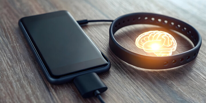 Fitness tracker syncing with glowing digital brain