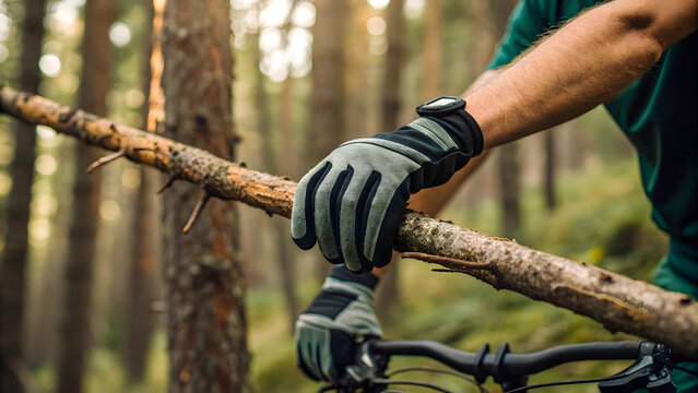 Cycling gloves holding tree branch in surreal forest
