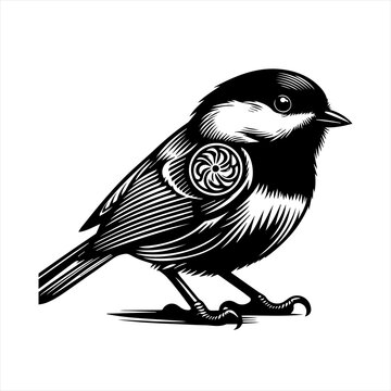 Black and white illustration of a chickadee with a mechanical design