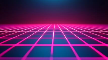 A neon-lit grid floor with pink and blue glowing lines fades into a dark background, creating a futuristic and retro 80s digital aesthetic.