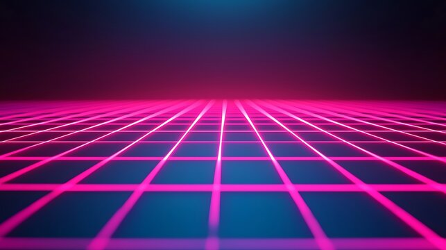 A neon-lit grid floor with pink and blue glowing lines fades into a dark background, creating a futuristic and retro 80s digital aesthetic.