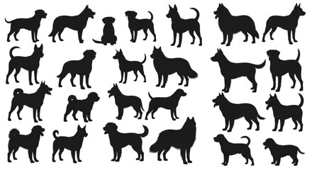 Fototapeta premium Dogs Silhouette Vector Collection of Multiple Breeds in Various Poses Standing Sitting Walking Black Shapes on White Background 