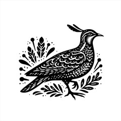 Stylized black and white bird illustration with decorative elements